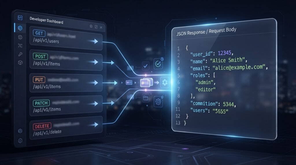 HTTP methods and JSON data used in API communication