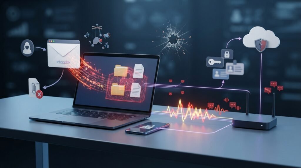 Common cyber threats including phishing malware ransomware and data breaches