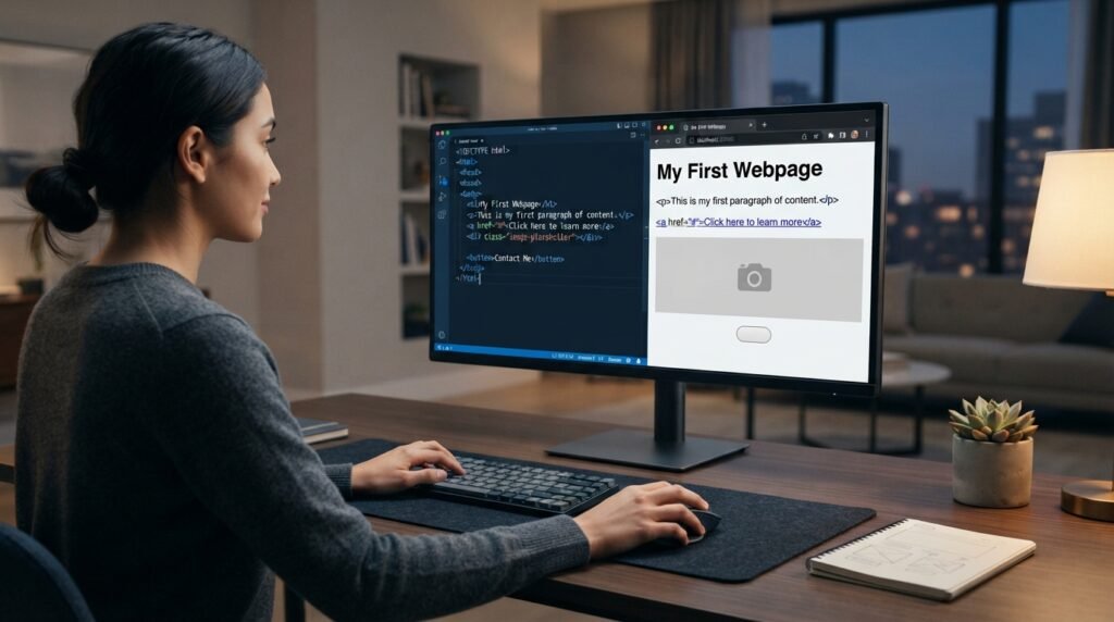 Beginner creating an HTML webpage in a code editor and browser