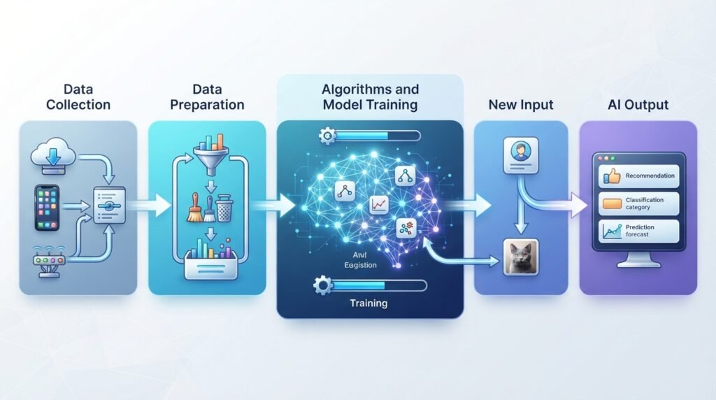 How artificial intelligence works using data algorithms and AI models