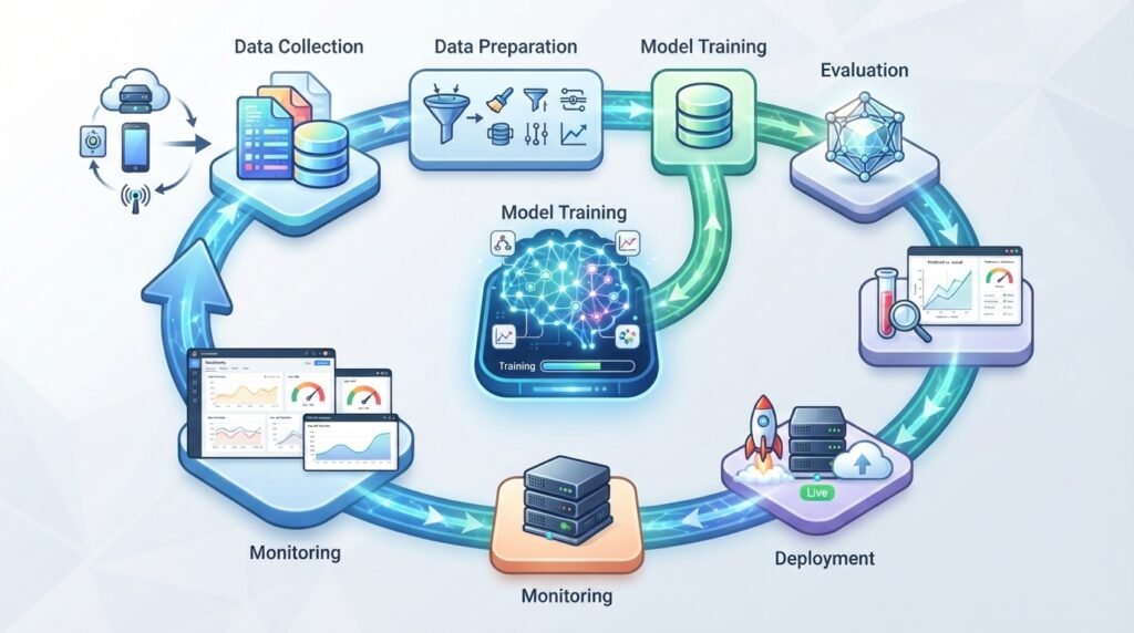 Machine Learning process from data collection to model deployment
