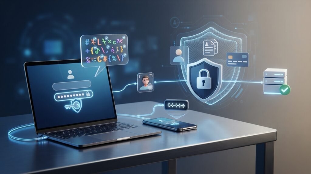 Online account protected with strong password and multi-factor authentication