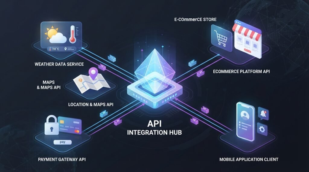 APIs connecting weather, payment, maps, and e-commerce applications