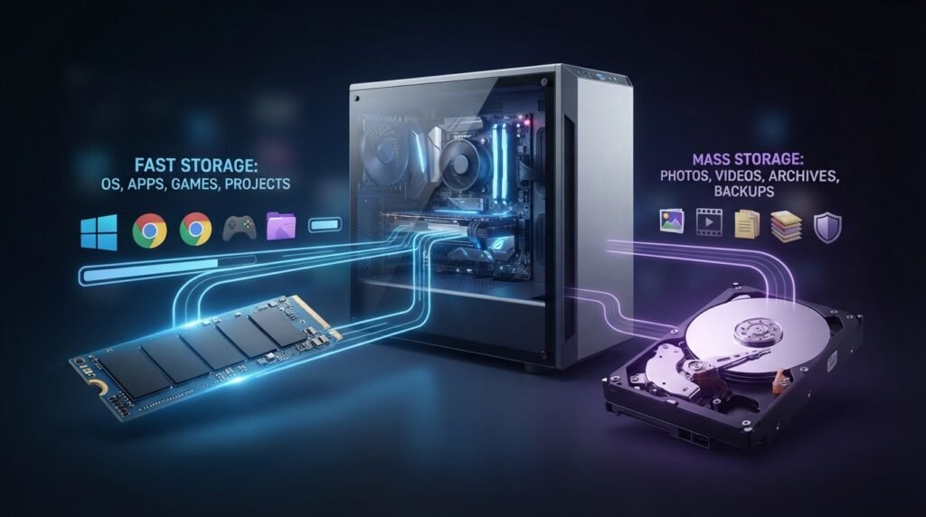 Desktop computer using an SSD for Windows and an HDD for large files and backups
