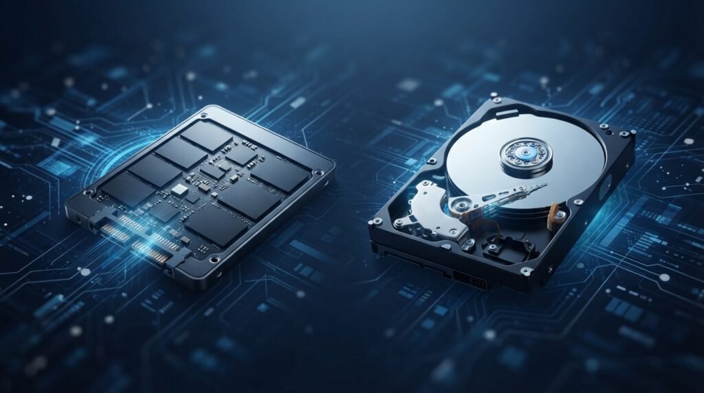 SSD vs HDD comparison showing solid state drive and hard disk drive