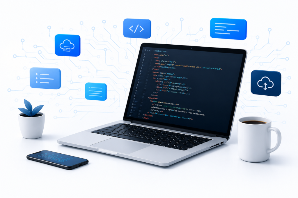Laptop with code and digital technology icons