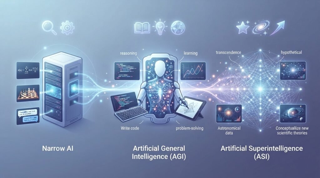 Types of artificial intelligence including narrow AI AGI and ASI